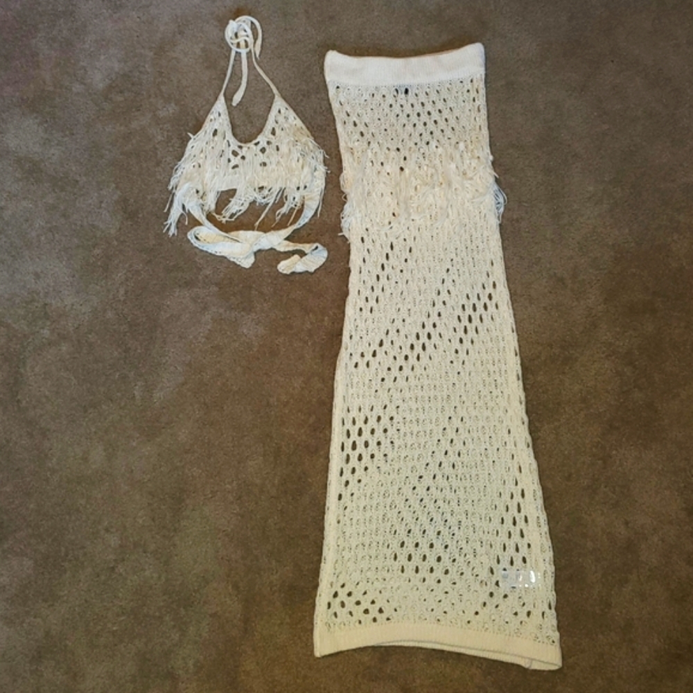 BRAND NEW NASTY GAL Crochet Tassel Tie Back Bralette and Maxi Skirt Set CREAM - Picture 2 of 13